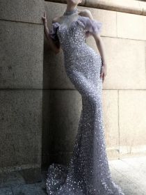 Purple Host Starry Sky Annual Meeting Beaded Toast Dress Halter Model Catwalk Fishtail (Option: Beaded Sequins-S)