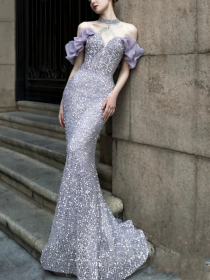 Purple Host Starry Sky Annual Meeting Beaded Toast Dress Halter Model Catwalk Fishtail (Option: Original Material-S)