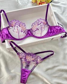 Purple Embroidered Ribbon Steel Ring Underwear Suit Women (Option: Violet-S)