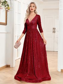 Sequined Fall V-neck High Waist Party Formal Dress (Option: Wine Red-S)