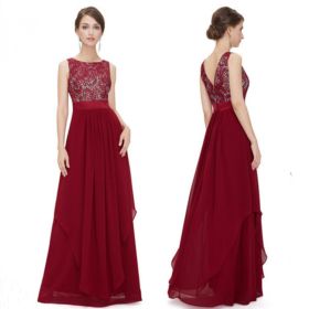 Lace spliced chiffon dress (Option: Wine Red-XL)