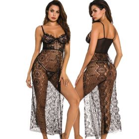 Underwear Long See-through High Slit Pajamas Nightgown Nightgown (Option: Black With Thong-S)