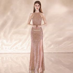 Niche High-end Ladies Host Dress (Option: Apricot Slit-XS)