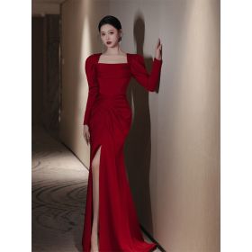 Bride Fishtail Square Collar Long Sleeve Design Simple Satin Evening Dress (Option: Wine Red-XS)