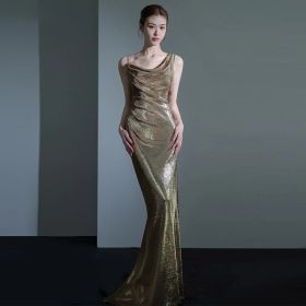 Fishtail Evening Dress For Women Elegant Sequins Annual Meeting Sexy Backless (Option: Gold-S)