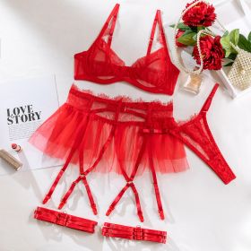 Push Up Mesh Lace Stitching Four-piece Set (Option: Red-M)