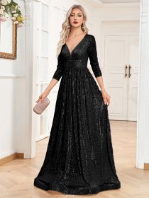 Sequined Fall V-neck High Waist Party Formal Dress (Option: Black-S)