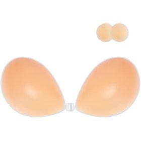 Adhesive Bra Strapless Sticky Invisible Push up Silicone Bra for Backless Dress with Nipple Covers (Color: Dull Black)