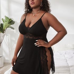 Plus Size Solid Contrast Lace Trim Cami Sexy Nightdress; Women's Plus Slight Stretch Semi Sheer Loungewear (Color: Black)