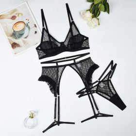 Bra Rhombus Mesh Stitching Perspective Sexy Underwear Four Piece Set (size: M)