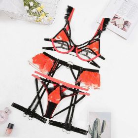 Summer Complex Craft Hollow Out Cutout Embroidery Joint Sexy Contrast Color Sexy Lingerie Suit (size: L)