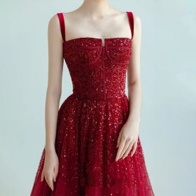 New Sequin Sling High-grade Princess Engagement Dress For Women (Option: Wine Red-XS)