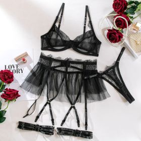 Push Up Mesh Lace Stitching Four-piece Set (Option: Black-L)