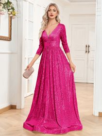 Sequined Fall V-neck High Waist Party Formal Dress (Option: Rose Red-M)