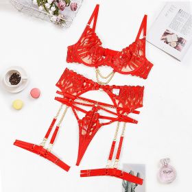 Flame Embroidered Chain Bra Set (Option: Red-M)