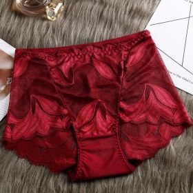 High Waist Lace Women's Panties French Transparent Comfortable Hip Lift Seamless Briefs (Option: Wine Red-L)