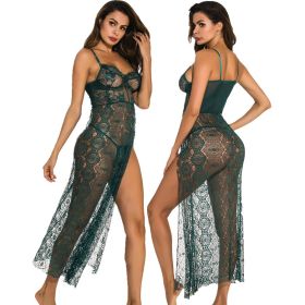 Underwear Long See-through High Slit Pajamas Nightgown Nightgown (Option: Dark Green With Thong-M)